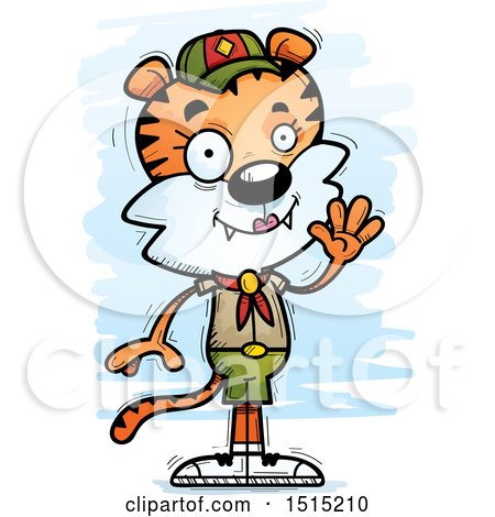 Clipart of a Waving Female Tiger Scout - Royalty Free Vector Illustration by Cory Thoman