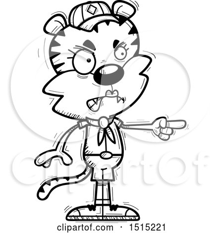 Clipart of a Black and White Mad Pointing Female Tiger Scout - Royalty Free Vector Illustration by Cory Thoman