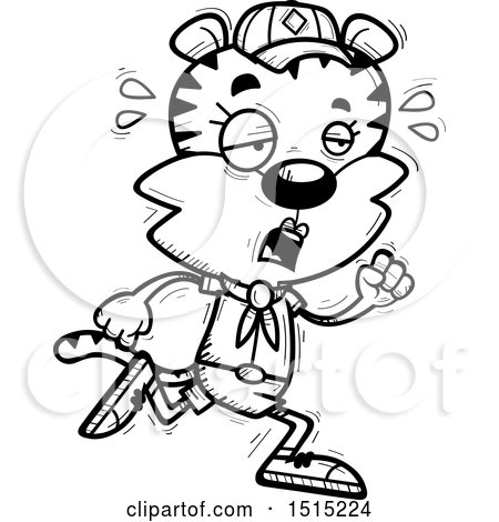 Clipart of a Black and White Tired Running Female Tiger Scout - Royalty Free Vector Illustration by Cory Thoman
