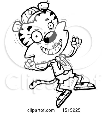 Clipart of a Black and White Jumping Female Tiger Scout - Royalty Free Vector Illustration by Cory Thoman