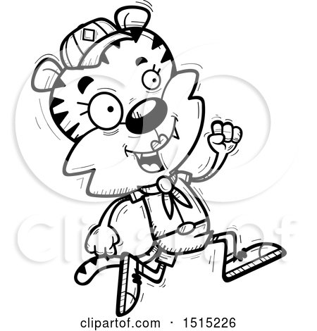 Clipart of a Black and White Running Female Tiger Scout - Royalty Free Vector Illustration by Cory Thoman