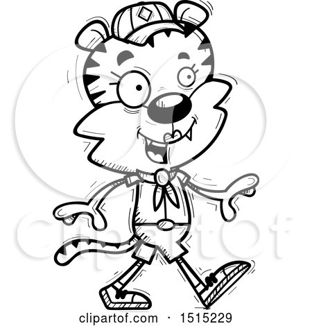 Clipart of a Black and White Walking Female Tiger Scout - Royalty Free Vector Illustration by Cory Thoman