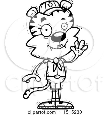 Clipart of a Black and White Waving Female Tiger Scout - Royalty Free Vector Illustration by Cory Thoman