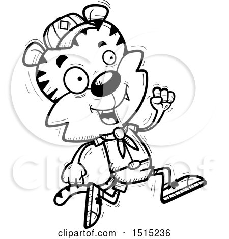 Clipart of a Black and White Running Male Tiger Scout - Royalty Free Vector Illustration by Cory Thoman