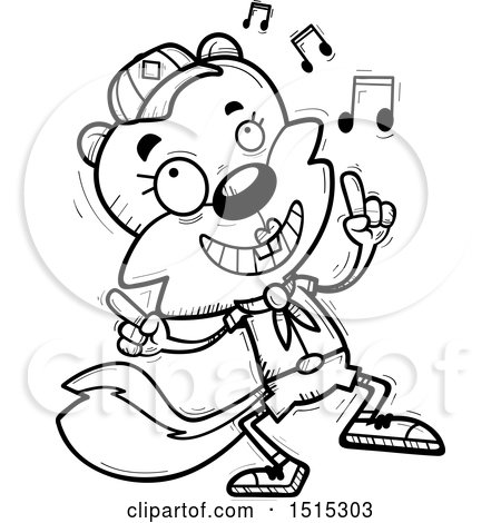 Clipart of a Black and White Happy Dancing Female Squirrel Scout - Royalty Free Vector Illustration by Cory Thoman