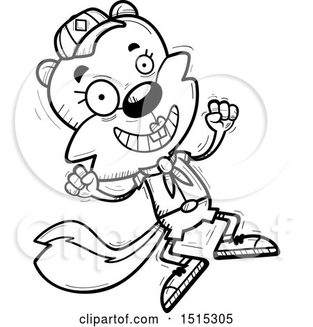 Clipart of a Black and White Jumping Female Squirrel Scout - Royalty Free Vector Illustration by Cory Thoman