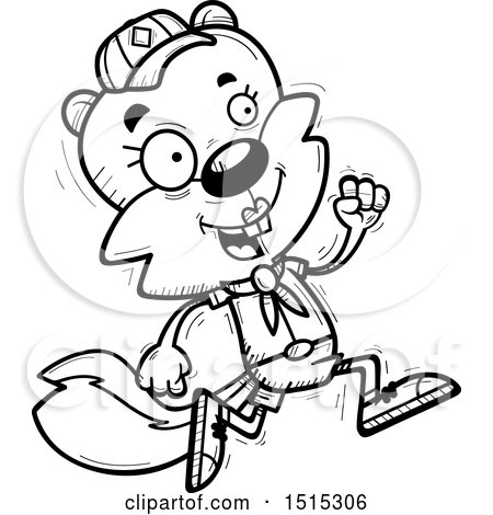 Clipart of a Black and White Running Female Squirrel Scout - Royalty Free Vector Illustration by Cory Thoman