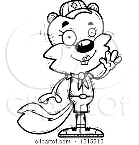 Clipart of a Black and White Waving Female Squirrel Scout - Royalty Free Vector Illustration by Cory Thoman