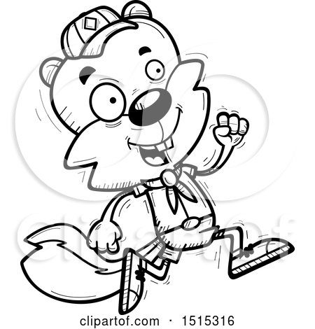 Clipart of a Black and White Running Male Squirrel Scout - Royalty Free Vector Illustration by Cory Thoman