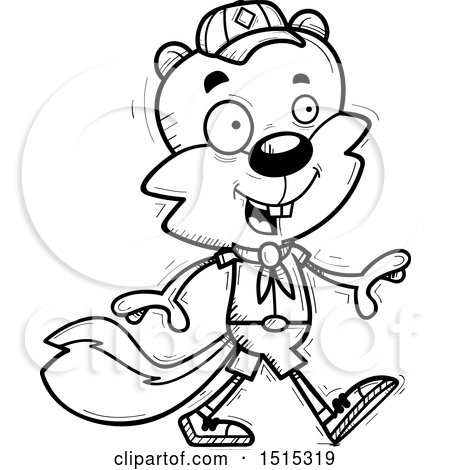 Clipart of a Black and White Walking Male Squirrel Scout - Royalty Free Vector Illustration by Cory Thoman