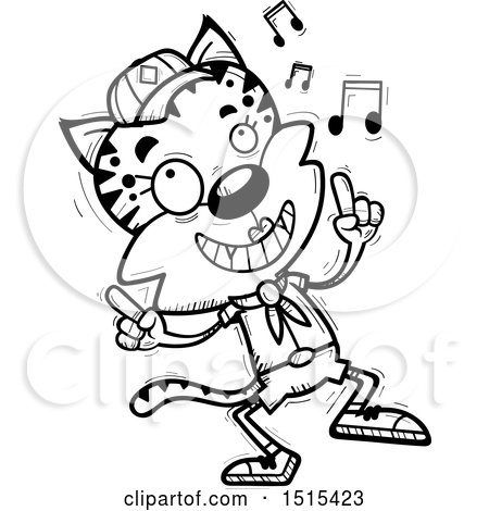 Clipart of a Black and White Happy Dancing Female Bobcat Scout - Royalty Free Vector Illustration by Cory Thoman