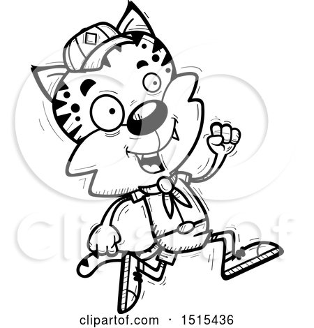 Clipart of a Black and White Running Male Bobcat Scout - Royalty Free Vector Illustration by Cory Thoman