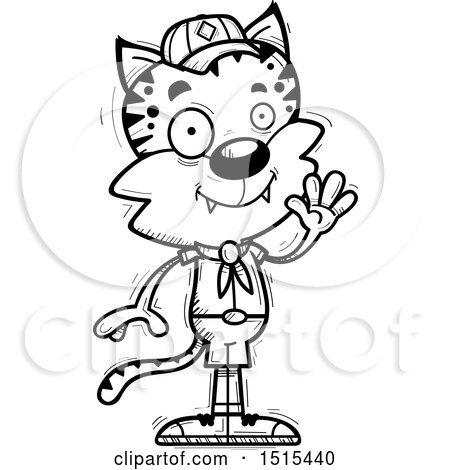 Clipart of a Black and White Waving Male Bobcat Scout - Royalty Free Vector Illustration by Cory Thoman