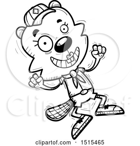 Clipart of a Black and White Jumping Female Beaver Scout - Royalty Free Vector Illustration by Cory Thoman