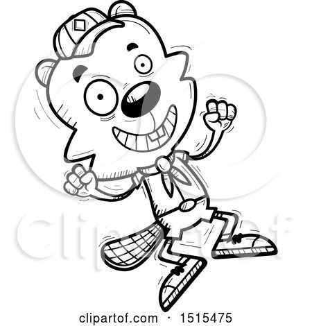Clipart of a Black and White Jumping Male Beaver Scout - Royalty Free Vector Illustration by Cory Thoman