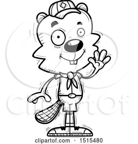 Clipart of a Black and White Waving Male Beaver Scout - Royalty Free Vector Illustration by Cory Thoman