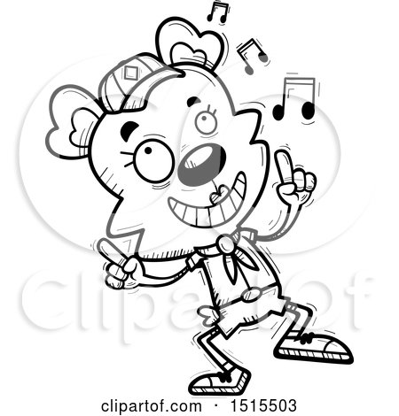 Clipart of a Black and White Happy Dancing Female Bear Scout - Royalty Free Vector Illustration by Cory Thoman