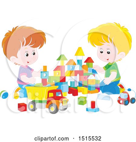 Clipart of Caucasian Boys Playing with Toy Building Blocks and a Dump Truck - Royalty Free Vector Illustration by Alex Bannykh