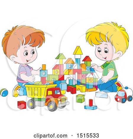 Clipart of White Boys Playing with Toy Building Blocks and a Dump Truck - Royalty Free Vector Illustration by Alex Bannykh