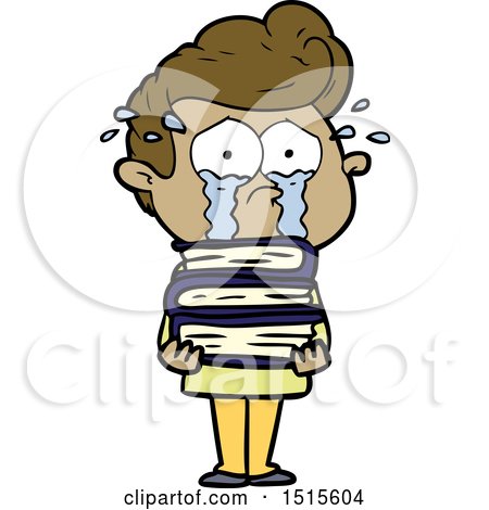 Cartoon Crying Student with Stack of Books by lineartestpilot