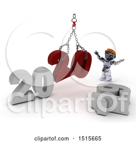 Clipart of a 3d New Year 2020 with a Robot Using a Hoist - Royalty Free Illustration by KJ Pargeter