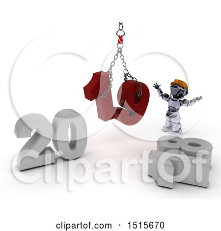 Clipart of a 3d New Year 2019 with a Robot Using a Hoist - Royalty Free Illustration by KJ Pargeter
