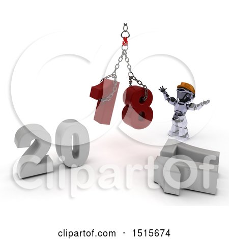 Clipart of a 3d New Year 2018 with a Robot Using a Hoist - Royalty Free Illustration by KJ Pargeter