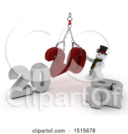 Clipart of a 3d New Year 2020 with a Snowman Using a Hoist - Royalty Free Illustration by KJ Pargeter