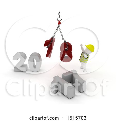 Clipart of a 3d New Year 2018 with a White Construction Worker Man Using a Hoist - Royalty Free Illustration by KJ Pargeter