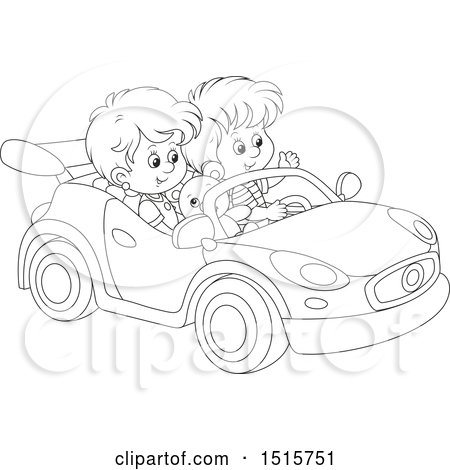 Clipart of a Black and White Boy and Girl Playing in a Car - Royalty Free Vector Illustration by Alex Bannykh