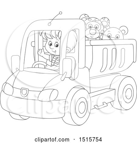 Clipart of a Black and White Boy Driving a Toy Dump Truck with Stuffed Animals - Royalty Free Vector Illustration by Alex Bannykh