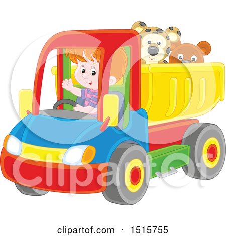 Clipart of a Caucasian Boy Driving a Toy Dump Truck with Stuffed Animals - Royalty Free Vector Illustration by Alex Bannykh