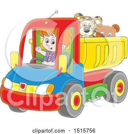 Clipart of a White Boy Driving a Toy Dump Truck with Stuffed Animals - Royalty Free Vector Illustration by Alex Bannykh