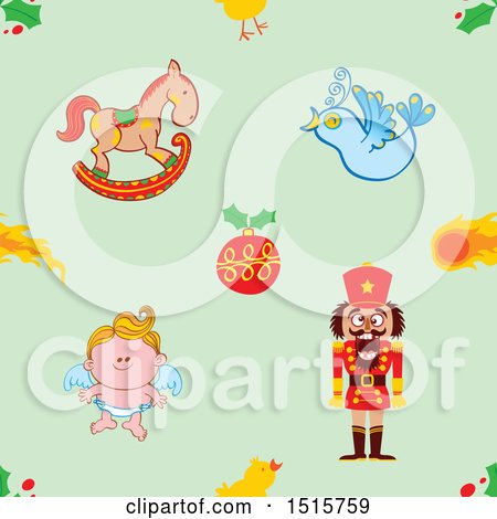 Clipart of a Seamless Christmas Pattern Background of a Rocking Horse, Bauble, Bird, Angel and Nutcracker - Royalty Free Vector Illustration by Zooco