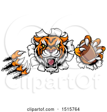Clipart of a Vicious Tiger Mascot Slashing Through a Wall with an American Football - Royalty Free Vector Illustration by AtStockIllustration