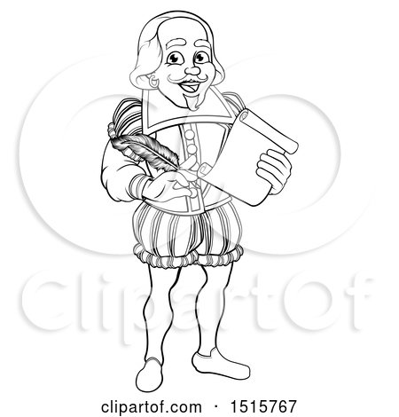 Clipart of a Black and White Full Length Happy William Shakespeare Holding a Scroll and Quill - Royalty Free Vector Illustration by AtStockIllustration