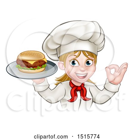 Clipart of a Happy White Female Chef Gesturing Ok and Holding a Cheese Burger on a Tray - Royalty Free Vector Illustration by AtStockIllustration