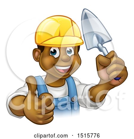 Clipart of a Black Male Mason Worker Holding a Trowel and Giving a Thumb up - Royalty Free Vector Illustration by AtStockIllustration