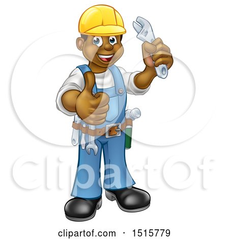 Clipart of a Cartoon Full Length Black Male Plumber Holding an Adjustable Wrench and Giving a Thumb up - Royalty Free Vector Illustration by AtStockIllustration
