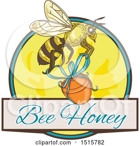 Clipart of a Sketched Bee with a Jar over Bee Honey Text and a Circle - Royalty Free Vector Illustration by patrimonio