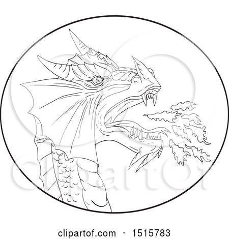 Clipart of a Sketched Black and White Fire Breathing Dragon in an Oval - Royalty Free Vector Illustration by patrimonio
