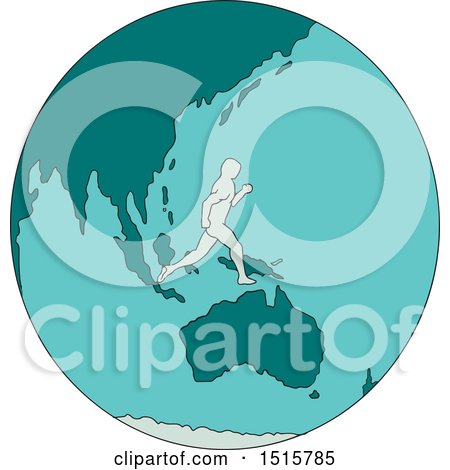 Clipart of a Sketched Marathon Runner over a Blue and Teal Earth - Royalty Free Vector Illustration by patrimonio