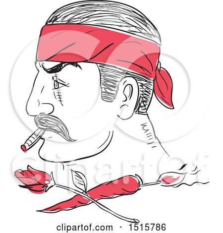 Clipart of a Sketched Mexican Man in Profile, Smoking a Cigar and Wearing Bandana over a Burning Chili and Rose - Royalty Free Vector Illustration by patrimonio