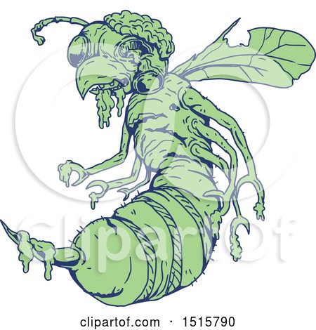 Clipart of a Sketched Green and Blue Zombie Bee - Royalty Free Vector Illustration by patrimonio