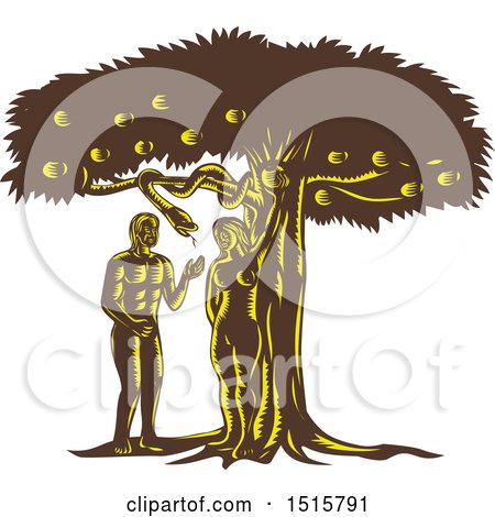 Clipart of a Scene of the Fall of Man, Adam with Eve in Garden of Eden - Royalty Free Vector Illustration by patrimonio