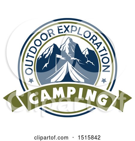 Clipart of a Camping Design with a Tent, Mountains and Text - Royalty Free Vector Illustration by Vector Tradition SM