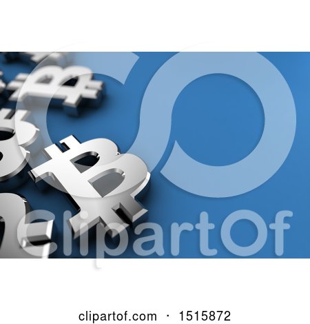 Clipart of a Blue Background with 3d Silver Bitcoin Currency Symbols - Royalty Free Illustration by stockillustrations