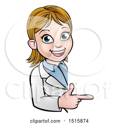 Clipart of a Cartoon Friendly White Female Scientist Pointing Around a Sign - Royalty Free Vector Illustration by AtStockIllustration