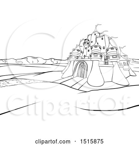 Clipart of a Black and White Castle in a Landscape at Sunrise - Royalty Free Vector Illustration by AtStockIllustration