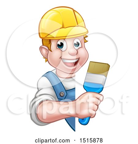Clipart of a Cartoon Happy White Male Painter Holding a Brush Around a Sign - Royalty Free Vector Illustration by AtStockIllustration
